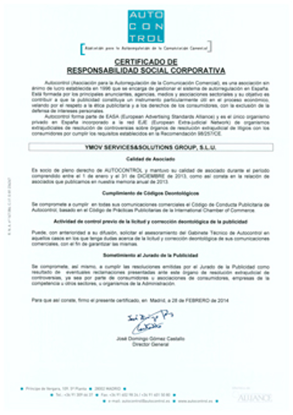 La franquicia YMOV Group obtiene el Certificado de RSC de Autocontrol