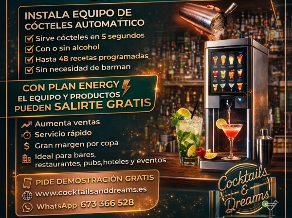 Hostelero, instala en franquicia equipo automatico de bebidas, cocktails/mocktails 50 tipos en 5 segundos alta calidad a bajo coste, equipo gratis con plan Energy
