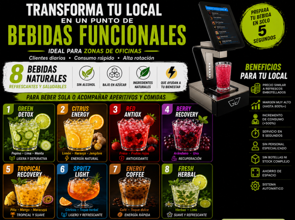 Incorpora en franquicia bebidas funcionales en hosteleria, sin conservantes, sin envases,mas saludable, bajo en azucar.