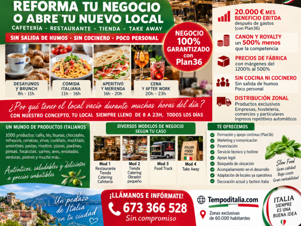 TempoDitalia, restaurante, cafeteria, snack, pub, mini tienda, grupodefranquicias.es , suministro de Italia de productos exclusivos.