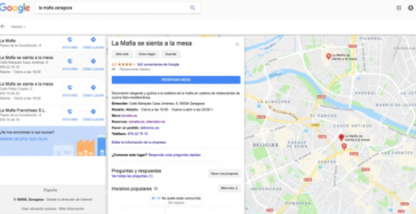 La franquicia aragonesa La Mafia se sienta a la mesa integra su libro de reservas en Google My Business.