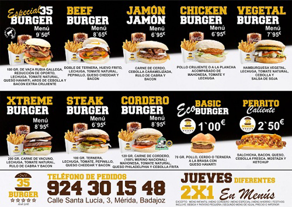 La fraquicia, 35 Burger te descubre sus menús y los mejores complementos para tu burger más sabrosa y natural del mercado. 